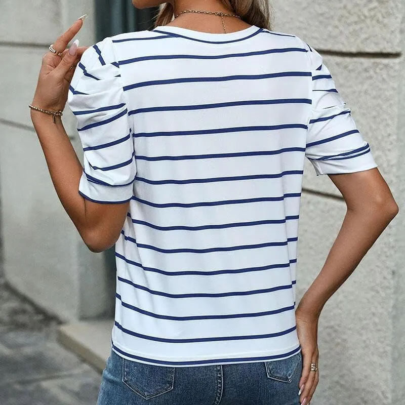 Women's Short Puff Sleeve Summer Tops Trendy Crewneck Striped Shirts Casual Pullover Blouses