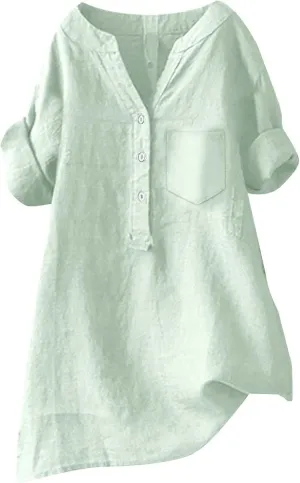 Women's Short Sleeve Cotton Linen Shirts Casual V Neck Soft T Shirts Floral Loose Fit Summer Tshirts