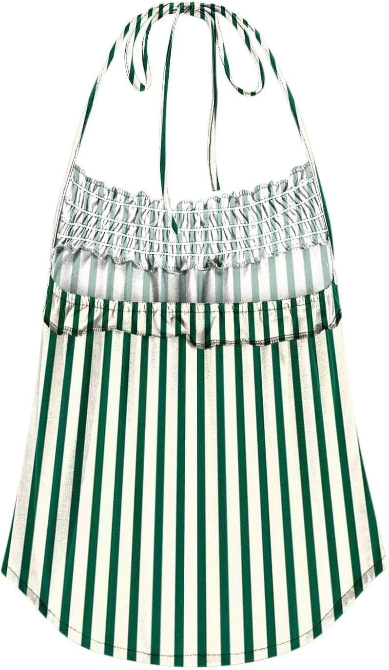 Womens Striped Halter Camisole Cute Sexy Backless Tank Tops Open Back Crop Tops Flowy Vacation Pleated Y2k Tshirts