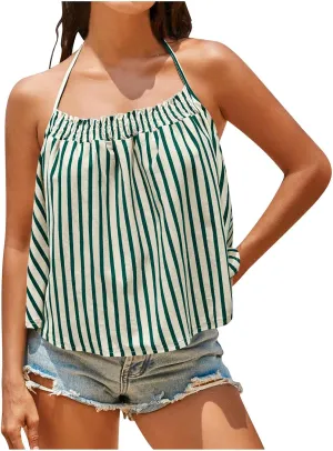 Womens Striped Halter Camisole Cute Sexy Backless Tank Tops Open Back Crop Tops Flowy Vacation Pleated Y2k Tshirts