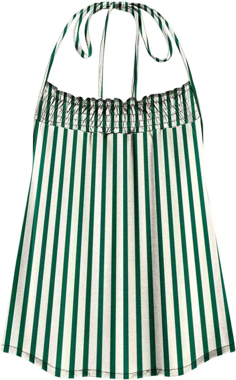 Womens Striped Halter Camisole Cute Sexy Backless Tank Tops Open Back Crop Tops Flowy Vacation Pleated Y2k Tshirts