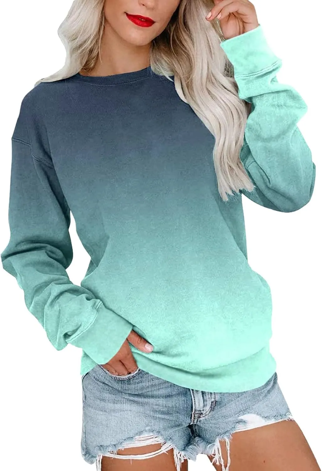 Womens Sweatshirts Crewneck Loose Fitting Tops Long Sleeve Color Block Casual Lightweight Shirts Pullover Blouses