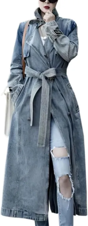 Women's Vintage Notched Lapel Denim Trench Coat Double Breasted Long Jean Jacket Belted Overcoat