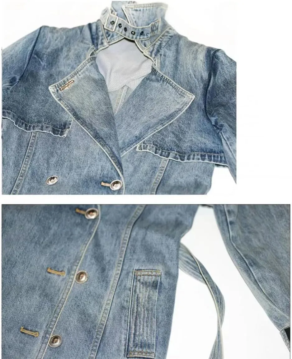 Women's Vintage Notched Lapel Denim Trench Coat Double Breasted Long Jean Jacket Belted Overcoat