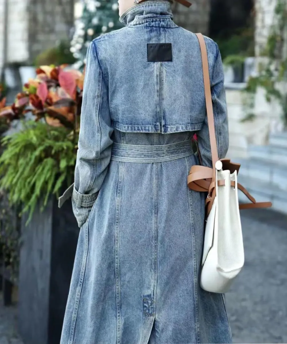 Women's Vintage Notched Lapel Denim Trench Coat Double Breasted Long Jean Jacket Belted Overcoat