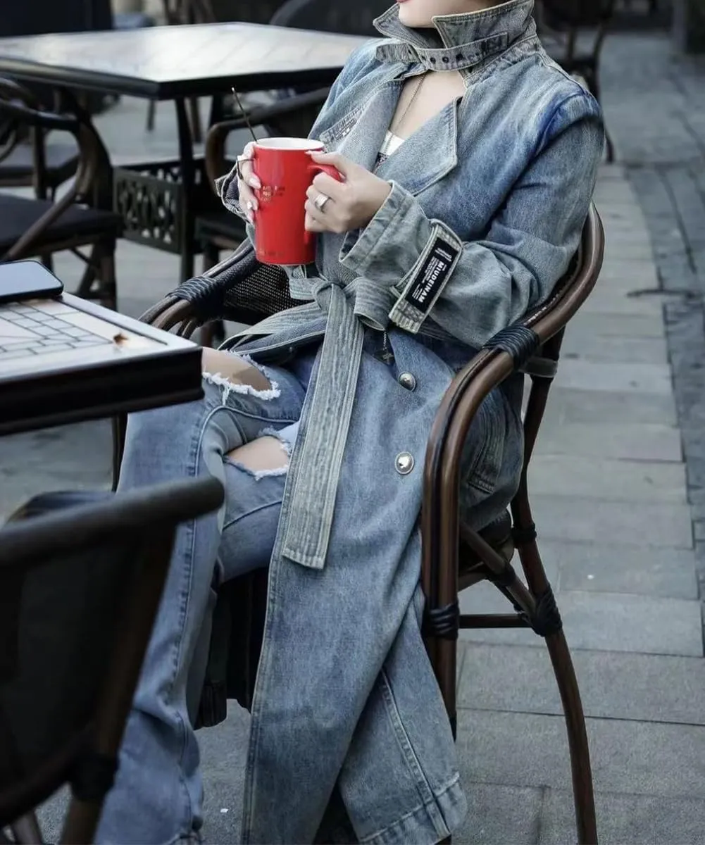 Women's Vintage Notched Lapel Denim Trench Coat Double Breasted Long Jean Jacket Belted Overcoat