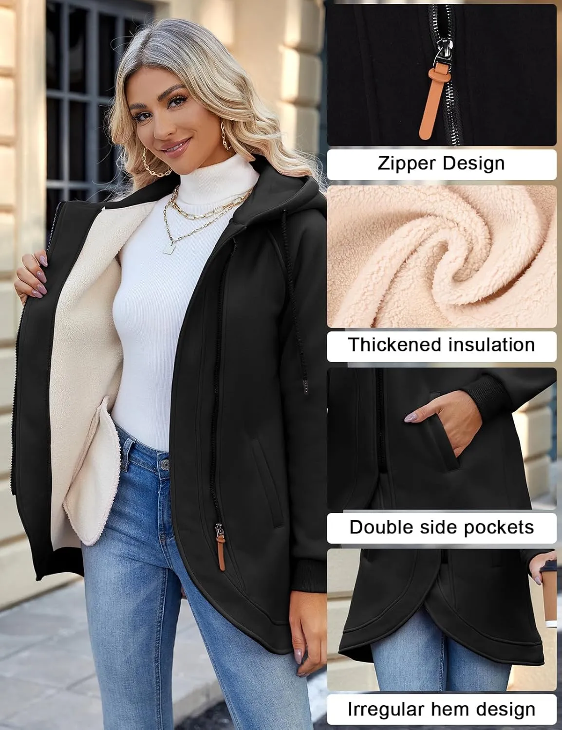 Women's Zip Up Hoodies Oversized Sweatshirt Casual Long Sleeve Coat with Oblique Zipper Sweater Jacket