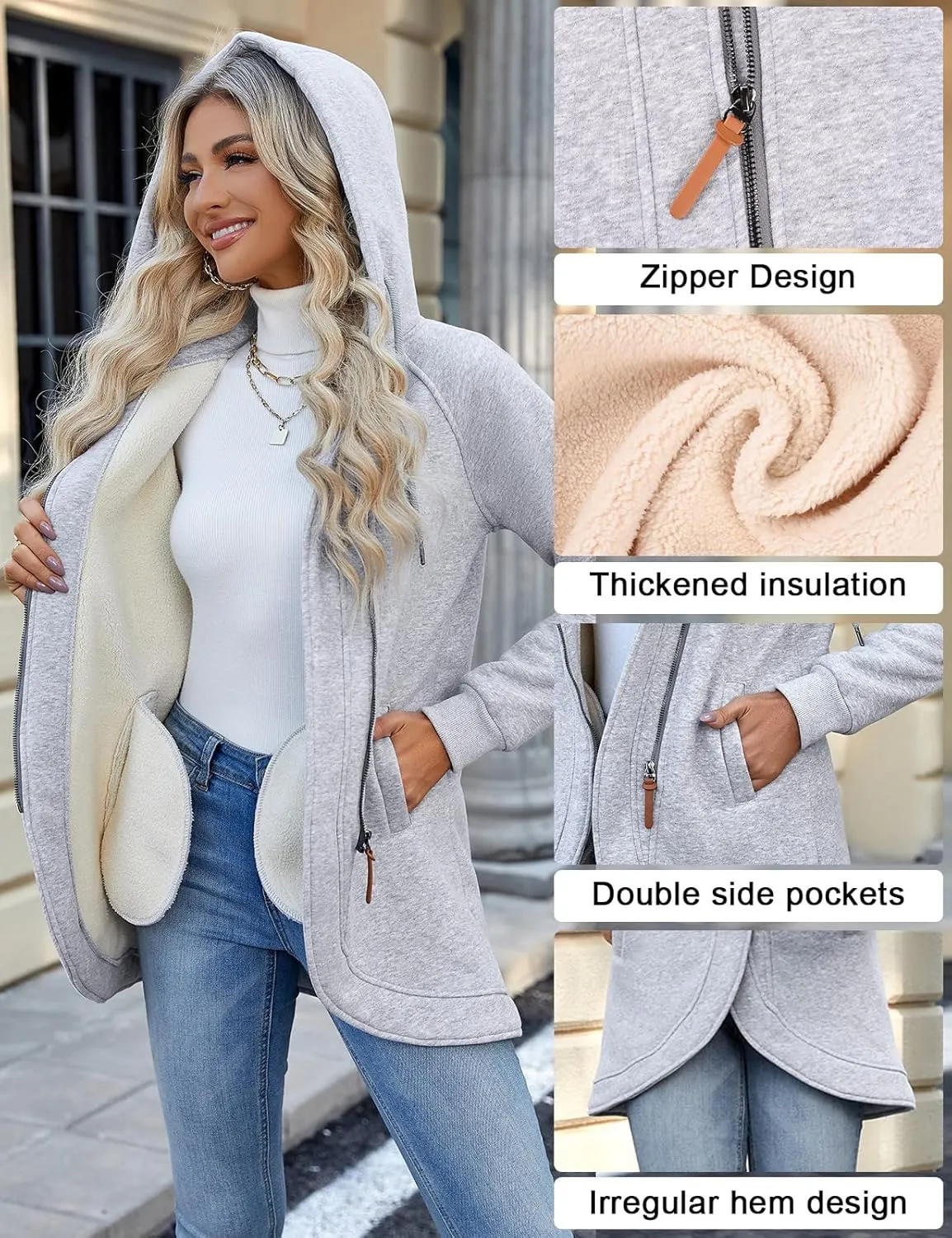 Women's Zip Up Hoodies Oversized Sweatshirt Casual Long Sleeve Coat with Oblique Zipper Sweater Jacket