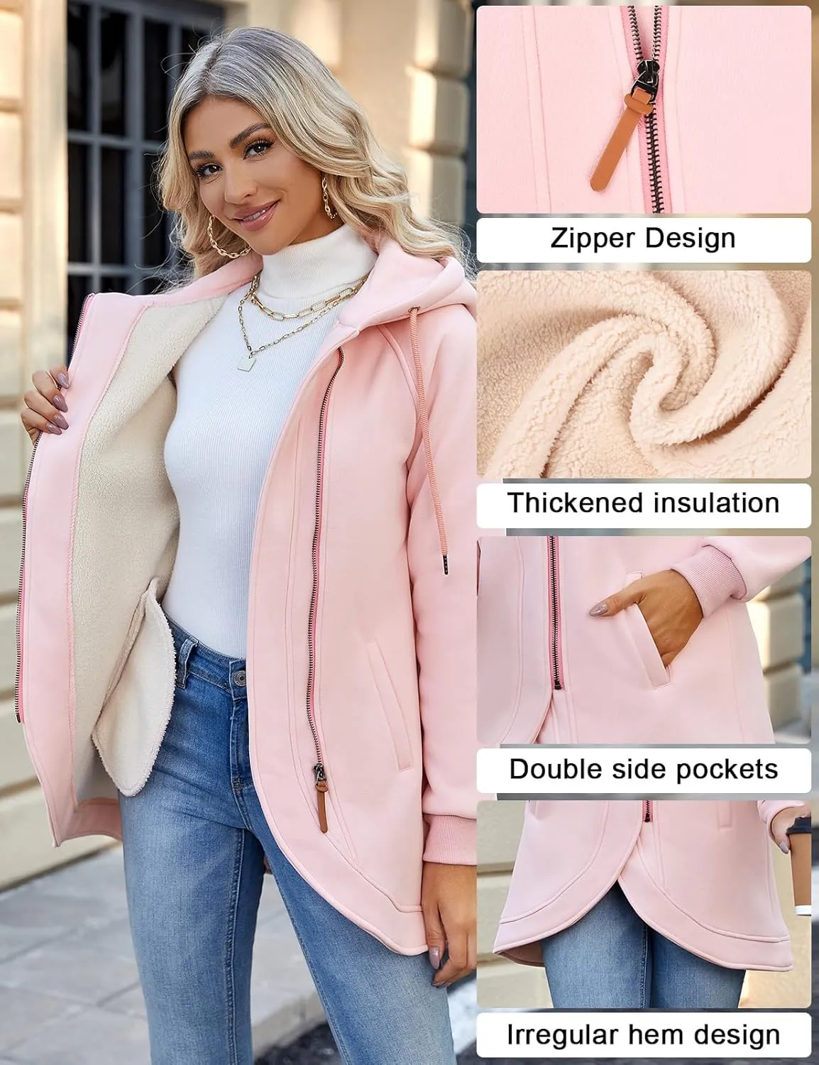 Women's Zip Up Hoodies Oversized Sweatshirt Casual Long Sleeve Coat with Oblique Zipper Sweater Jacket