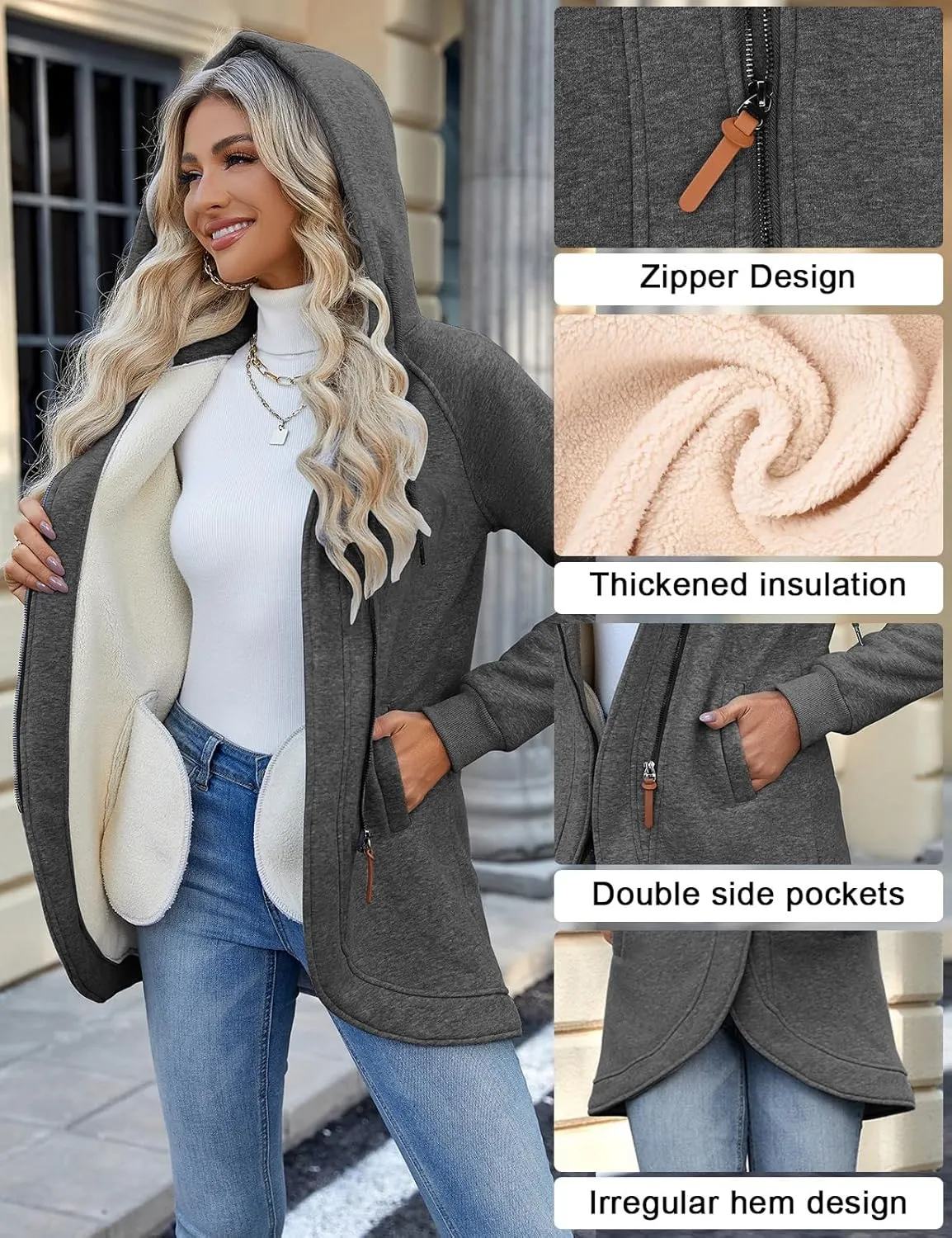 Women's Zip Up Hoodies Oversized Sweatshirt Casual Long Sleeve Coat with Oblique Zipper Sweater Jacket