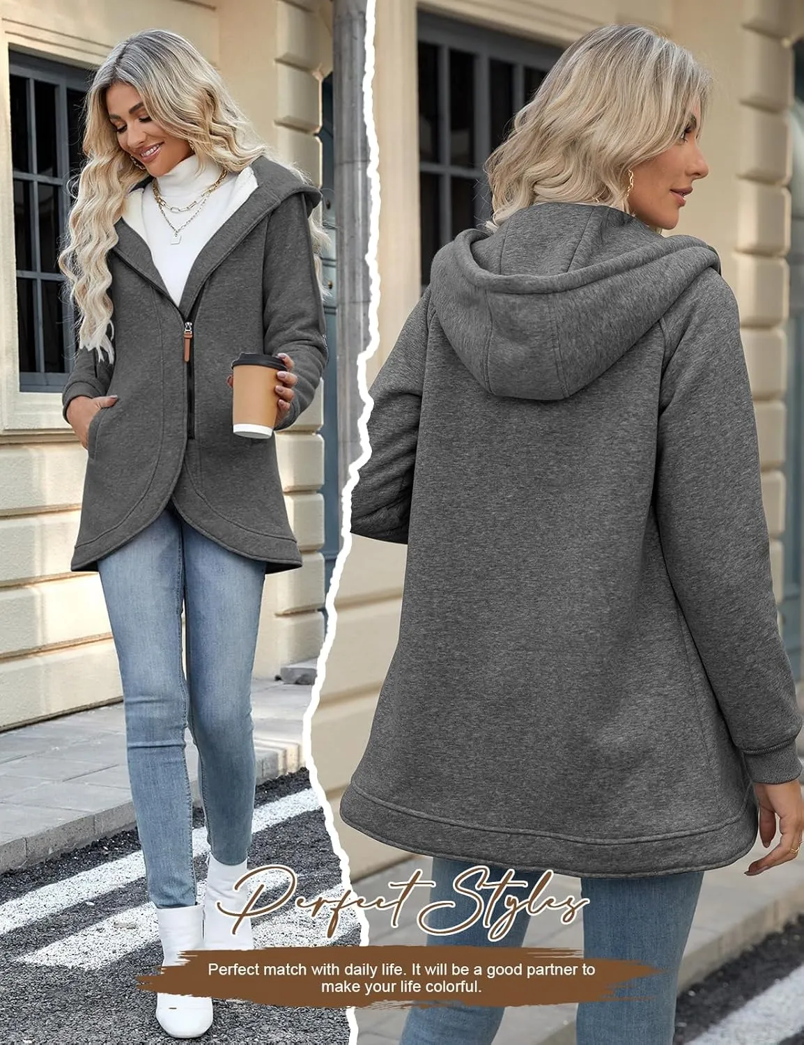 Women's Zip Up Hoodies Oversized Sweatshirt Casual Long Sleeve Coat with Oblique Zipper Sweater Jacket