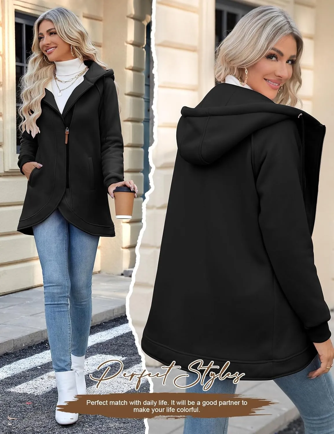 Women's Zip Up Hoodies Oversized Sweatshirt Casual Long Sleeve Coat with Oblique Zipper Sweater Jacket