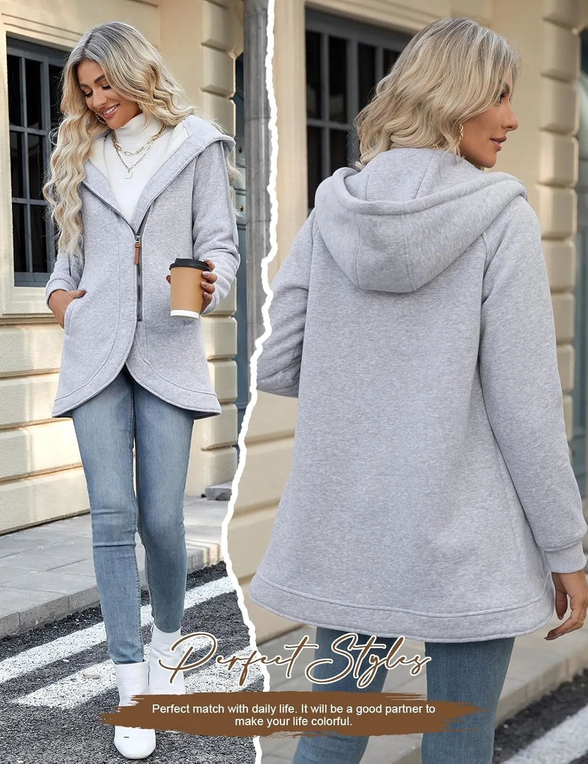 Women's Zip Up Hoodies Oversized Sweatshirt Casual Long Sleeve Coat with Oblique Zipper Sweater Jacket