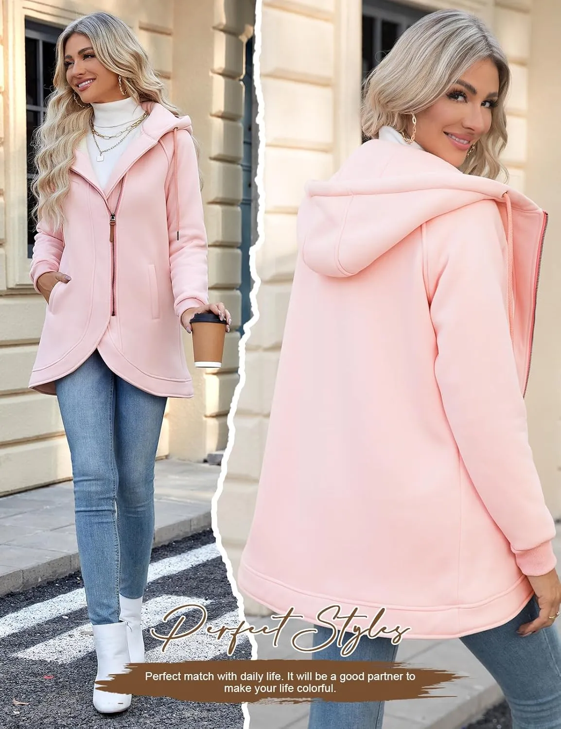 Women's Zip Up Hoodies Oversized Sweatshirt Casual Long Sleeve Coat with Oblique Zipper Sweater Jacket