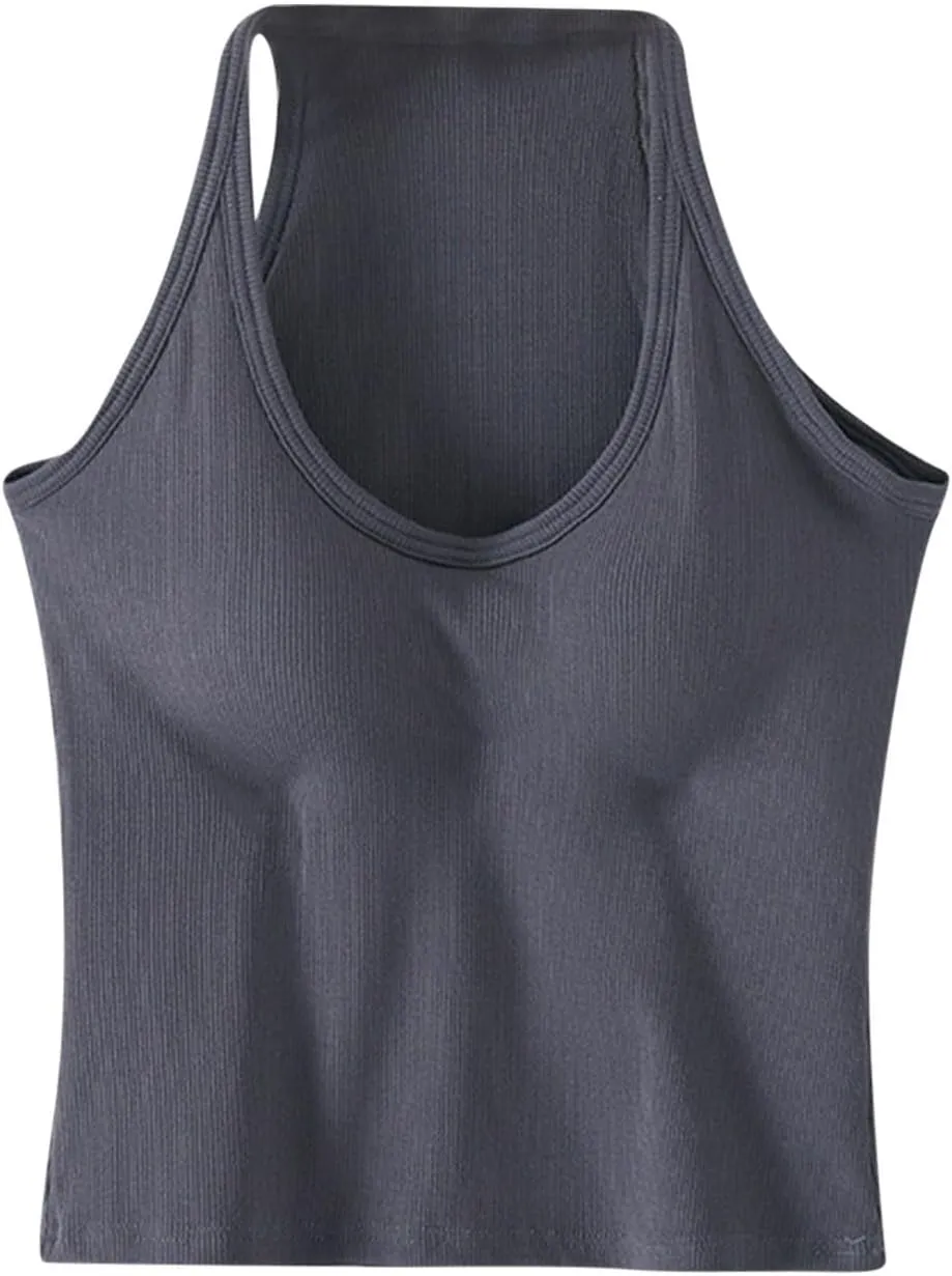 Workout Crop Tops for Women Longline Sports Bras Racerback Ribbed Tank Top with Built in Bra Yoga Athletic Shirts