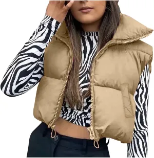 Zempertoopa Women’s Crop Puffer Vest Sleeveless Lightweight Down Jacket Quilted Solid Color Outwear Padded Winter Warm Gilet