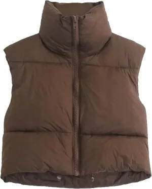 Zempertoopa Women’s Crop Puffer Vest Sleeveless Lightweight Down Jacket Quilted Solid Color Outwear Padded Winter Warm Gilet